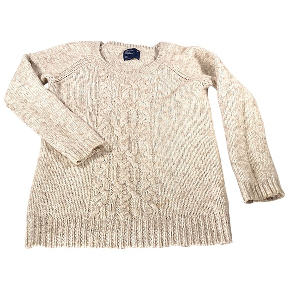 American Eagle Sweater Womens L Cream Heather Aran Fisherman Pullover Hiking - Picture 1 of 16